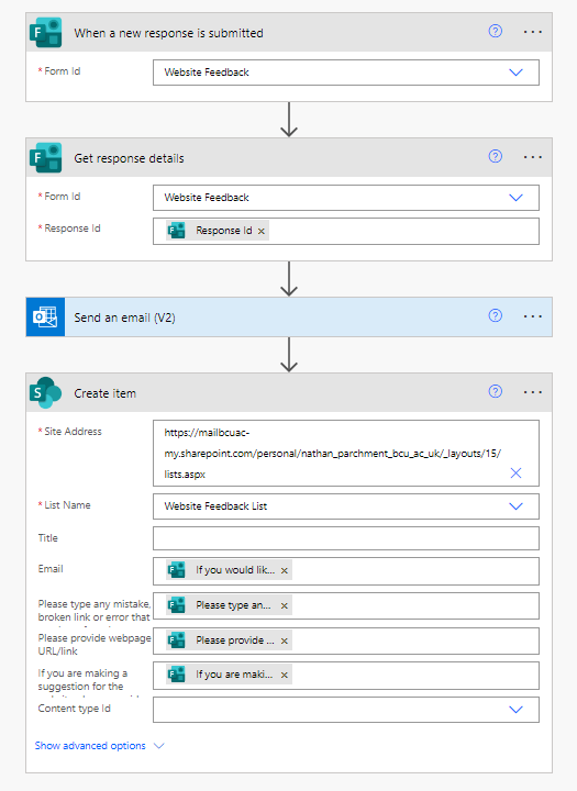 automation flow for for website feedback form