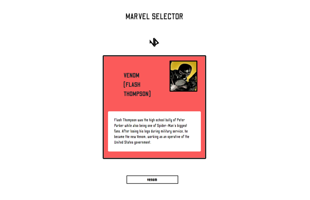 User has typed in Venom and is given all data on the character Venom
