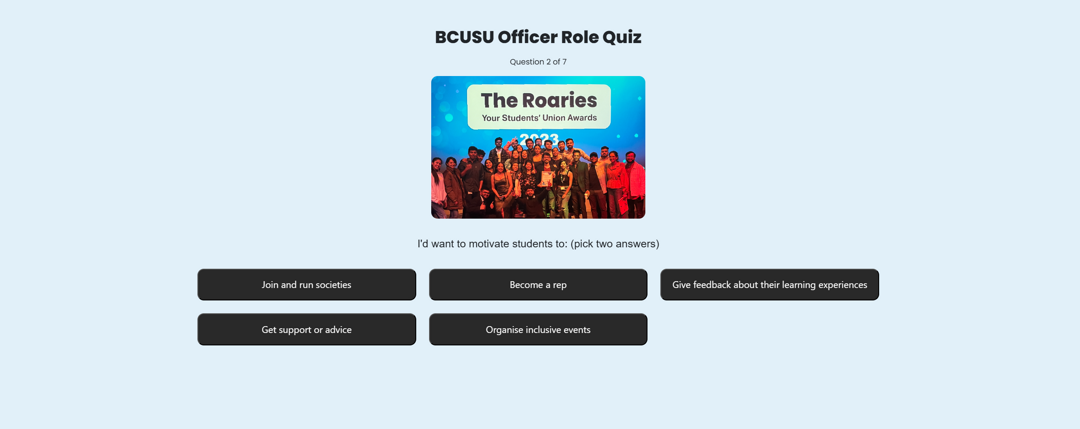 Shows the start screen of the quiz displaying the question and anser blocks complimented by an image.