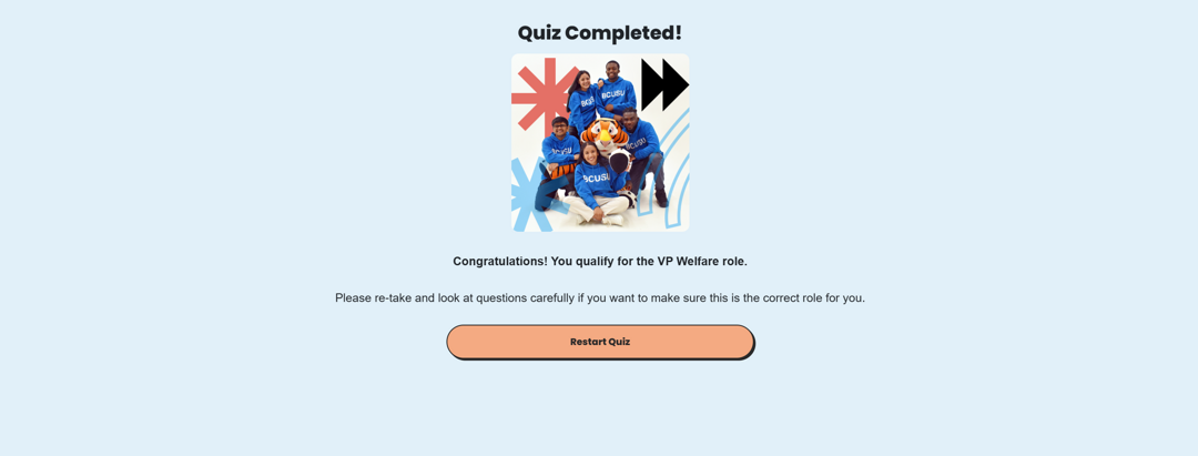 Quiz completed page that displays to the user what role they have been given.