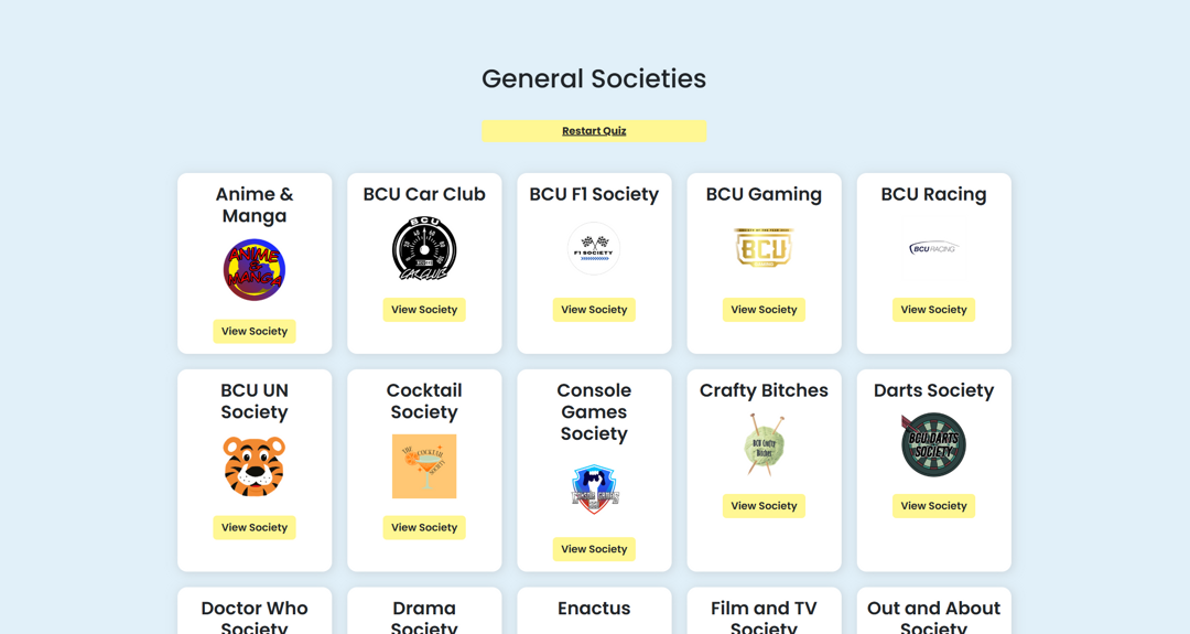 Result page to show what societies user should join after answering all questions given.