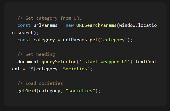 code snippet showing the usage of the URLSearchParams for the society categories.